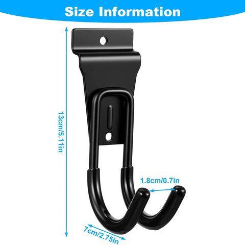 Gladiator Style Slatwall Hooks 10 Pack Heavy Duty Garage Hangers for Tools and Garden Hose Durable Metal Wall Mounts with Anti Skid Cushioned Rubber, Easy One Step Mount Proslat and Flow Wall Compatible front view with dimensions.