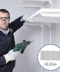 Man installing shelves with drill and Six Pack Stainless Steel Flat Mending Plates For Furniture Repair And Corner Joining on display