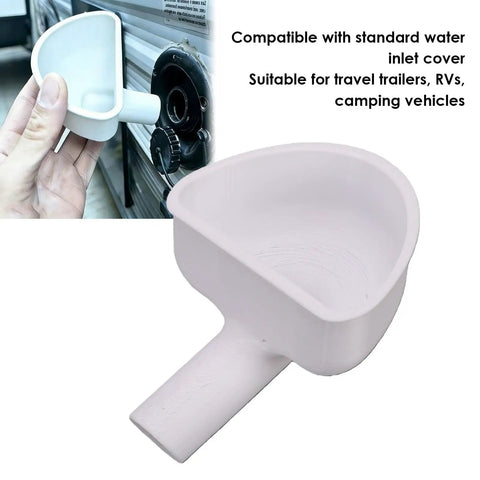 Wide Mouth RV Water Inlet Funnel With Rotating Lock, white PLA tool for easy fresh water tank fill on RVs and trailers.