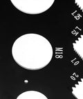 Wen ME210G metric/imperial thread-pitch multi-gauge in black metal, close-up of serrated edge with size markings.