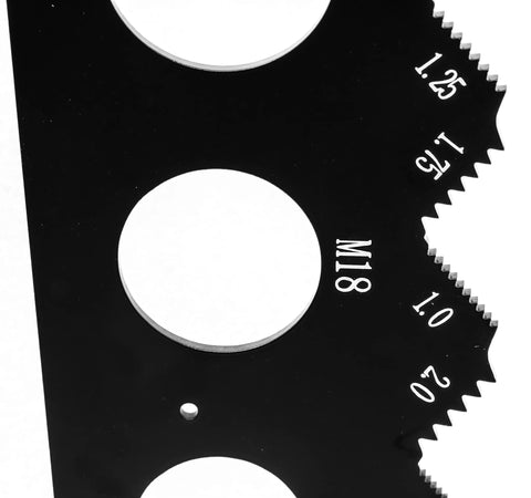 Wen ME210G metric/imperial thread-pitch multi-gauge in black metal, close-up of serrated edge with size markings.