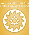 Illustration showing the removal of coffee oils from grinder burrs, representing Grindz Professional Coffee Grinder Cleaning Tablets For Home Use, 3 Single Use Packets, Multicolor Pack, Not For Super Automatic Machines, Keeps Your Burr Grinder Fresh And Flavorful, Easy Cleanup For Daily Brew Perfection.