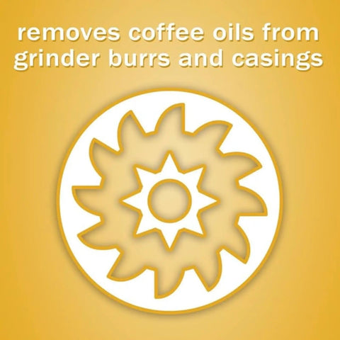 Illustration showing the removal of coffee oils from grinder burrs, representing Grindz Professional Coffee Grinder Cleaning Tablets For Home Use, 3 Single Use Packets, Multicolor Pack, Not For Super Automatic Machines, Keeps Your Burr Grinder Fresh And Flavorful, Easy Cleanup For Daily Brew Perfection.
