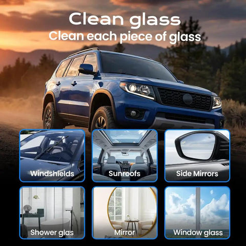 Fast Fix Glass Crack Repair Kit For Windshields With 30ml Repair Liquid Includes Blade Towel And Five Curing Films Two Pack Easy DIY Auto Glass Repair advertisement showing car and various glass types.