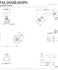 Technical drawing of Twin Handle Tub And Shower Faucet In Oil Rubbed Bronze With Decor Cross Handles, Five Inch Spout Reach, Wall Mount, Washerless Durable Brass Construction, High GPM Spout Flow At Eighty Psi, One Half Inch NPT Connection, No Fuss Rotating Controls.
