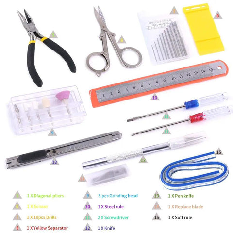 87 Piece Gundam Model Kit Tools Set For Beginners with durable plastic storage, sandpaper, cutting pliers, tweezers, files.