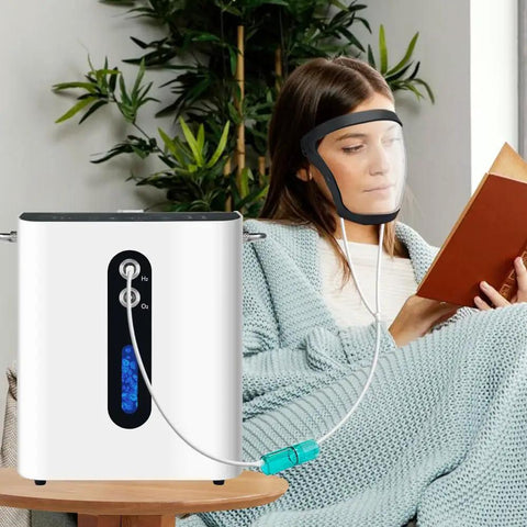 Woman using Hydrogen Face Mask H2 Inhalation Device With Full Face Shield relaxing in living room, reading a book.