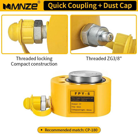 MMNZE 5T mini hydraulic jack, yellow metal cylinder with threaded locking collar and 6mm stroke