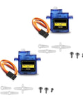 Two Pack SG90 9g Micro Servo Motors For RC Helicopters Planes Boats And Robots Ideal For Arduino And Raspberry Pi DIY Projects showing micro servos, cables, and mounting accessories.