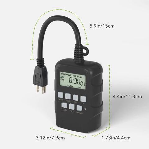 7 Day Outdoor Programmable Timer With Dual Outlets Set It And Forget It Heavy Duty Weatherproof Digital Timer dimensions shown