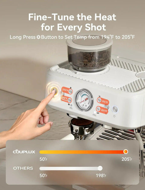 User adjusting temperature on All In One Espresso Machine With Grinder 58mm Cafe Style 2026 Upgrade Anti Static Grinder Milk Steam Wand.