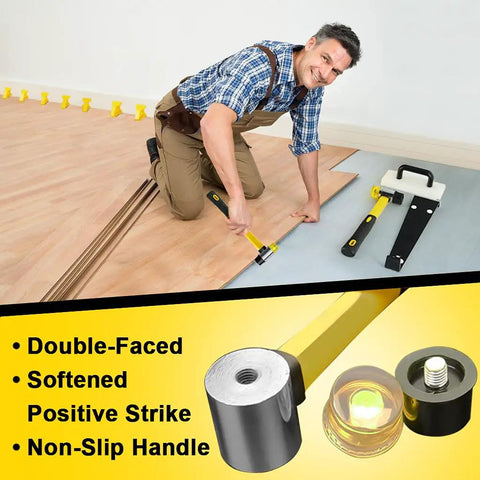 Man installing floor using Laminate And Vinyl Flooring Tools Kit With Tapping Block And Handle 2 In 1 Spacers Heavy Duty Pull Bar