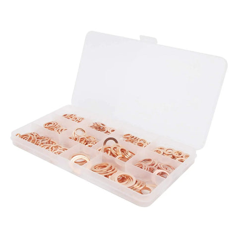 Rad 300 Pcs Red Copper Gasket Washer Assortment Kit High Thermal Conductivity Fits Auto And Hydraulic Systems M5 To M16, open case