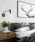 Industrial Plug In Wall Light With Cord 240 Degree Adjustable Head Warm White 3000K Black Finish Bedroom Sconce next to bed