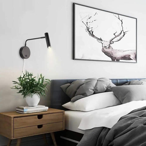 Industrial Plug In Wall Light With Cord 240 Degree Adjustable Head Warm White 3000K Black Finish Bedroom Sconce next to bed