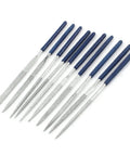 10 Piece Diamond Hand File Set 100mm Long 2mm Shank Blue Handle Includes Square Round Triangle Warding Diamond Hand Files