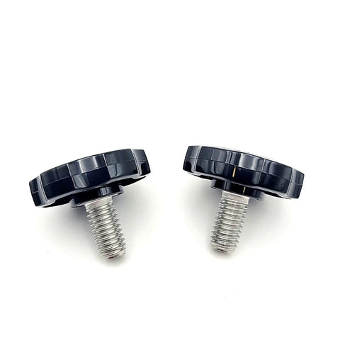Close-up of 3/8 Inch Thumb Screw Bolts With Black Plastic Clamping Knobs 304 Stainless Steel 3/8 16 Thread No Hassle Wrench Free Grip