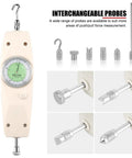 200 N Handheld Push Pull Force Gauge With Dual N Kgf Analog Dial And Peak Hold, Mounting Test Stand Ready, Perfect For Tensile And Compression Testing, Includes Multiple Attachment Heads And Extension Rod, with interchangeable probes