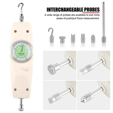 200 N Handheld Push Pull Force Gauge With Dual N Kgf Analog Dial And Peak Hold, Mounting Test Stand Ready, Perfect For Tensile And Compression Testing, Includes Multiple Attachment Heads And Extension Rod, with interchangeable probes