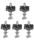 Five Piece M5 T Track Bolt And Hex Knob Set Includes tough stainless steel T bolts and smooth plastic knobs for woodworking jigs.