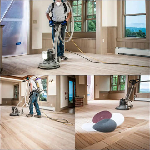 Worker using floor buffer with 17 Inch Sanding Screen Discs 80 Grit For Wood Floors Silicon Carbide Mesh Black 10 Pack