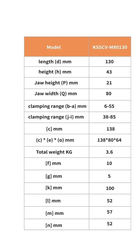 Specifications table for Heavy Duty Self Centering Vise For CNC Machines with dimensions and clamping ranges.
