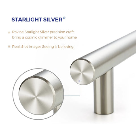 Close-up of a brushed nickel cabinet pull, showcasing the 5-inch size and stainless steel construction for kitchen drawers.