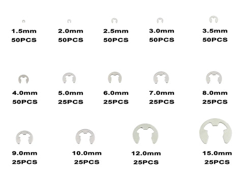 500 Piece Metric E Clips Kit In 304 Stainless Steel With 14 Sizes From 1.5mm To 15mm Side Mount External Retaining Rings Assortment