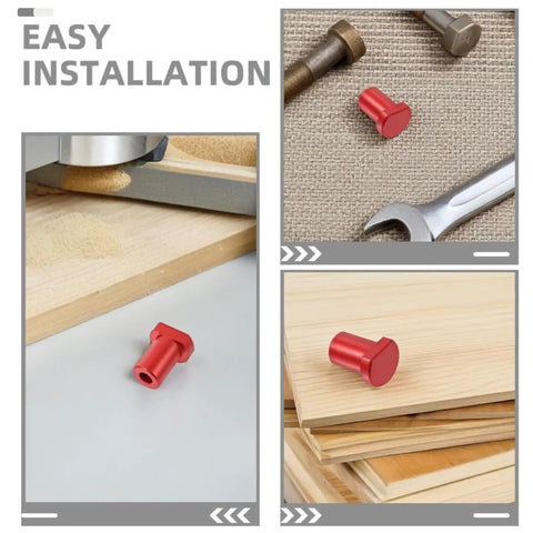 Red aluminum piece from Six Piece Aluminum Bench Dogs And Table Clamp Set displayed on beige surface next to wrench