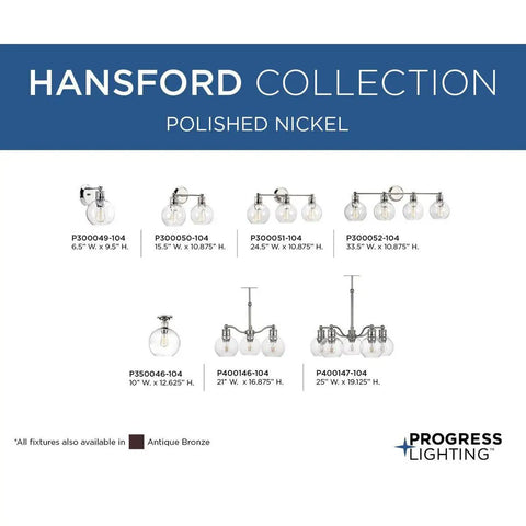 Hansford Collection Polished Nickel lighting fixtures assortment with models showing dimensions, by Progress Lighting.
