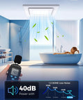 Sleek Ten Inch Ceiling Ventilation Fan With Built In Light Smooth Bath Exhaust Unit shown in bright bathroom, illustrating air flow and low noise level.