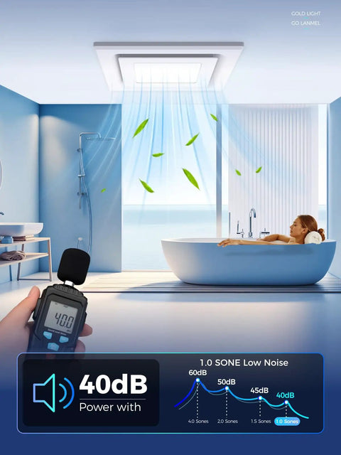 Sleek Ten Inch Ceiling Ventilation Fan With Built In Light Smooth Bath Exhaust Unit shown in bright bathroom, illustrating air flow and low noise level.