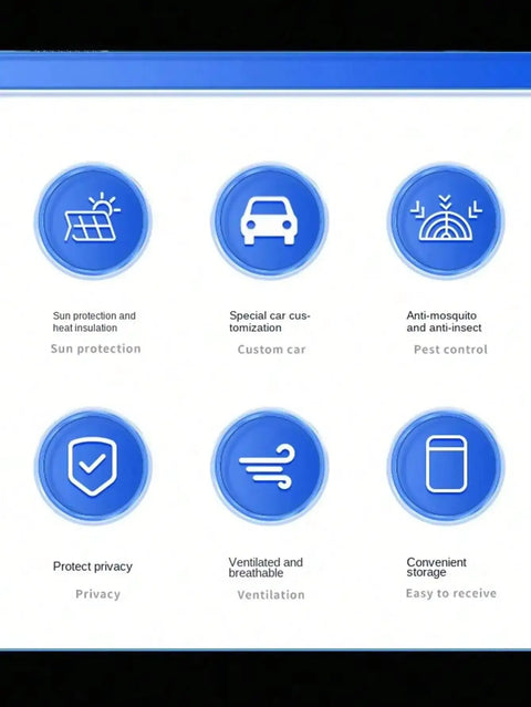 Infographic showing benefits of Tight Fit Window Shade Mesh For Tesla Cybertruck: sun protection, privacy, ventilation.