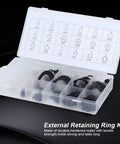 Garage Grade External Retaining Ring Kit 2 To 32mm E Clips 300 Piece Metal Circlip Assortment in plastic case shown open