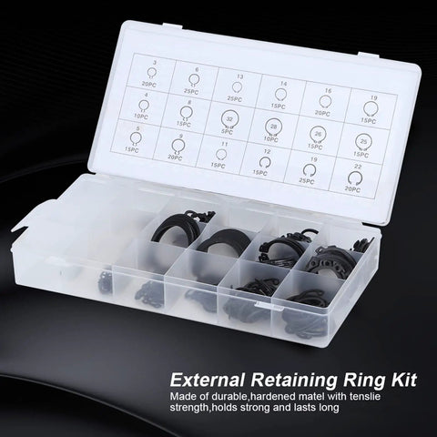 Garage Grade External Retaining Ring Kit 2 To 32mm E Clips 300 Piece Metal Circlip Assortment in plastic case shown open