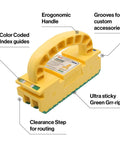 Front view of MicroJig GRR-RIPPER 2GO push block, yellow with green base, ergonomic handle, color-coded guides