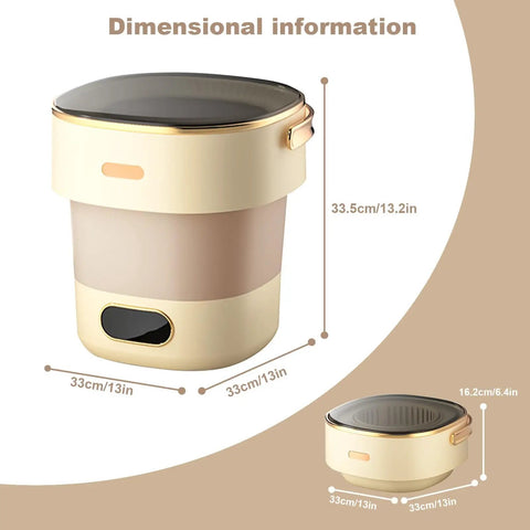 Portable Foldable Washing Machine 13 Liter Mini Washer With Spin Basket dimensions displayed in beige with 33.5cm height and 16.2cm diameter.