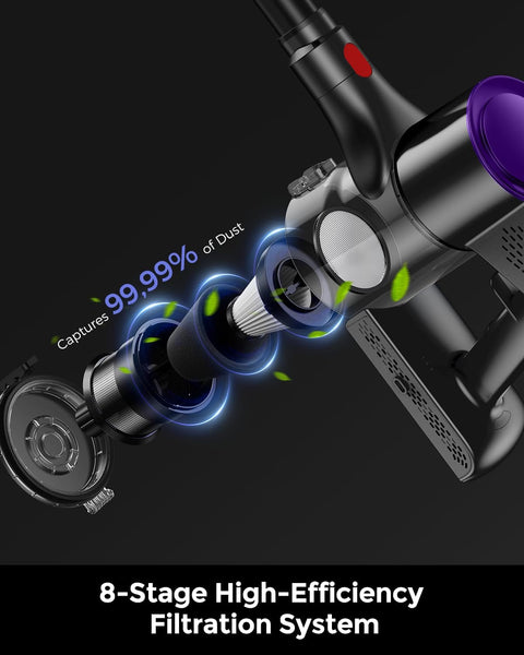 Cutaway view showing 8-stage filtration of Cordless Vacuum Cleaner With 500W Motor And 45KPa Suction, 50 Minute Run Time