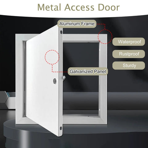 Heavy Duty Paintable Metal Access Door For Wall Or Ceiling No Sweat Setup Hatch For Plumbing Cable And Electrical Checks Reliable Plug And Play 14X18 Panel with aluminum frame and galvanized panel.