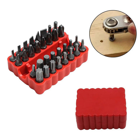 Solid 33 Piece Screwdriver Bit Kit Made From Tough 45# Steel Perfect For Torx Spanner Hex Star Driver Bits With Holder Rod For Your DIY Repair Jobs And Home Upgrade Projects In A Super Durable Gray Finish. Red 33-piece steel bit set with holder rod and storage case