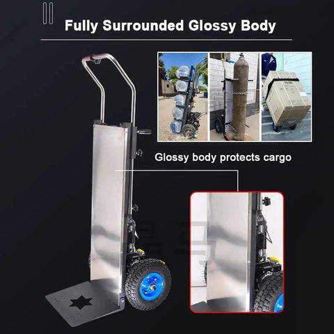 Awesome Electric Stair Climber Sack Truck With 400kg Heavy Load Capacity And Telescoping Handle, Powerful 1200W Brushless Motor, Long Lasting 48v Battery For Easy Labor Saving Moving Tasks with glossy body and blue wheels.