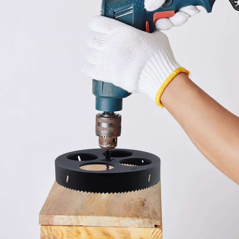 Rannb 9.5-inch bi-metal hole cutter on drill, cutting a hole in wood (side view)