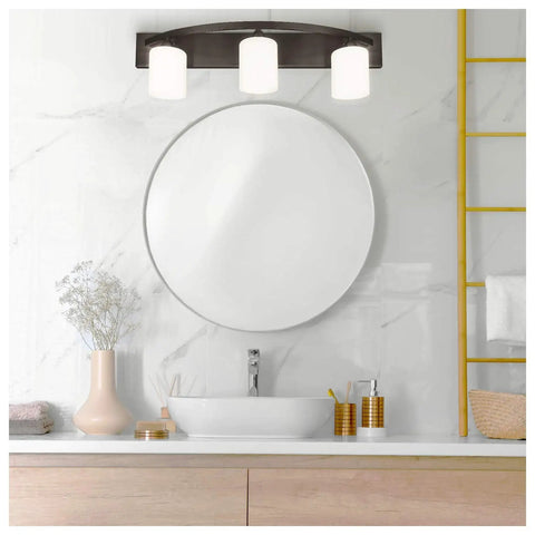 Modern Snazzy Bathroom Vanity Light Fixture With Globe Shades In Oil Rubbed Bronze 3 Light Bar above round mirror