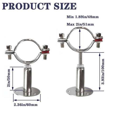 Front view of two 2-inch stainless steel pipe clamp supports with mounting bases (2-pack)