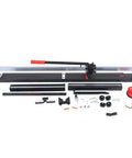 Heavy Duty All Steel Manual Tile Cutter With Self Service Oil System and Easy Glide Wheels components laid out, including cutting rail and tools.