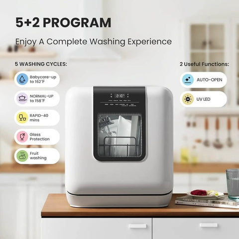 Hassle Free Countertop Dishwasher Plops Onto Your Kitchen Counter with 5 washing cycles and automatic door feature.