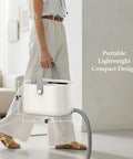 Handheld Steam Cleaner All In One Kit Crushes Tough Stains Fast, portable design with 5" height and 8" width, carried by a person.