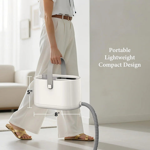 Handheld Steam Cleaner All In One Kit Crushes Tough Stains Fast, portable design with 5" height and 8" width, carried by a person.