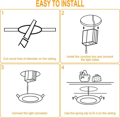 Installation guide for 12 Pack 6 Inch Ultra Thin LED Recessed Canless Wafer Downlights With Junction Box 15W 1200 Lumens Five CCT.