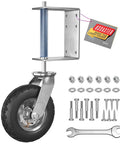 Heavy Duty 8 Inch Gate Wheel For Wooden Or Metal Gates With Pneumatic Tire Spring Loaded 360 Degree Rotation 400 Lb Capacity Includes Screws And Spanner For Smooth Sliding And Stable Gate Positioning, showing wheel and included tools.